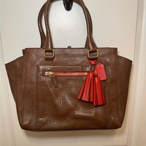Coach Brown Leather Tote Bag with Red Accents